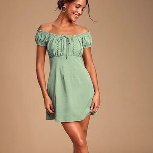 Lulus Wisteria Sage Green Embroidered Off-the-Shoulder Mini Dress